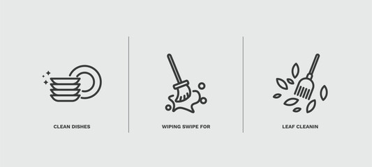 set of cleaning thin line icons. cleaning outline icons included clean dishes, wiping swipe for floors, leaf cleanin vector.