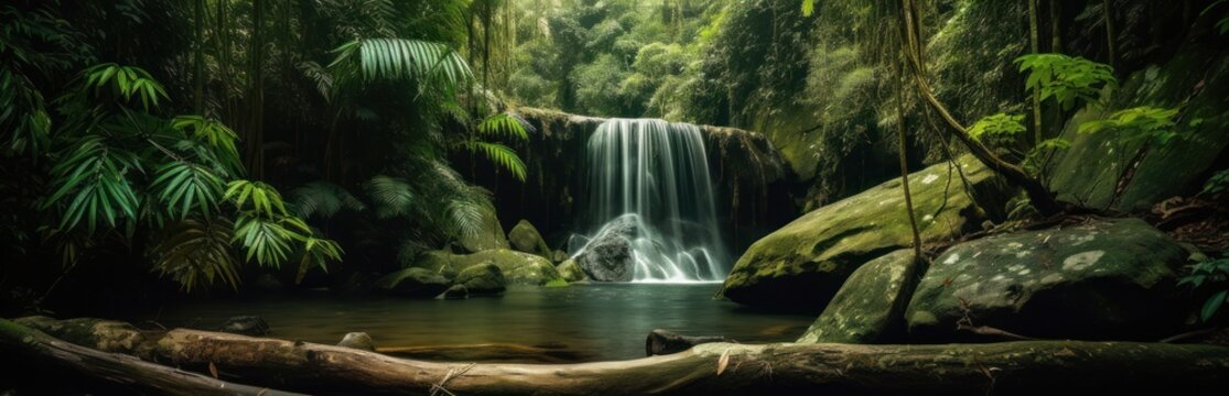 a waterfall in the middle of a lush green forest, sumatraism, smooth light, fantasy scene, stock photo, generative ai