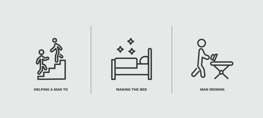 set of behavior and action thin line icons. behavior and action outline icons included helping a man to climb, making the bed, man ironing vector.