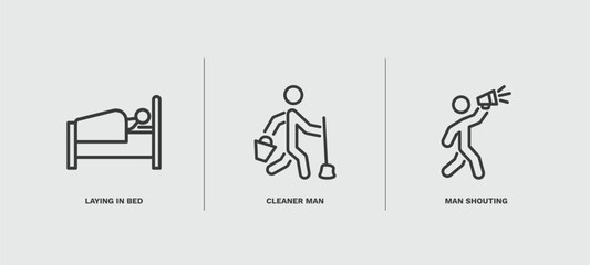set of behavior and action thin line icons. behavior and action outline icons included laying in bed, cleaner man, man shouting vector.