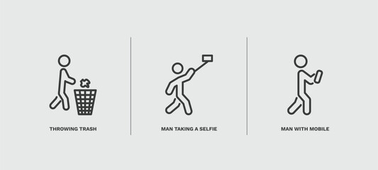 set of behavior and action thin line icons. behavior and action outline icons included throwing trash, man taking a selfie, man with mobile phone vector.
