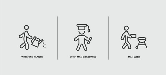 set of behavior and action thin line icons. behavior and action outline icons included watering plants, stick man graduated, man with vector.