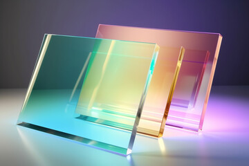 Various colorful transparent glass plates with light diffraction of spectrum colors and complex reflection background. Colorful background or podium for product placement. Generative AI