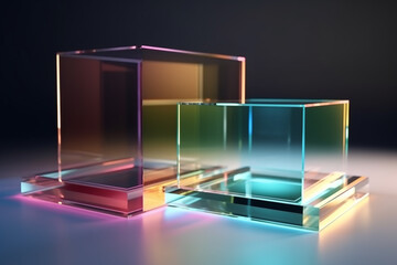 Various colorful transparent glass plates with light diffraction of spectrum colors and complex reflection background. Colorful background or podium for product placement. Generative AI