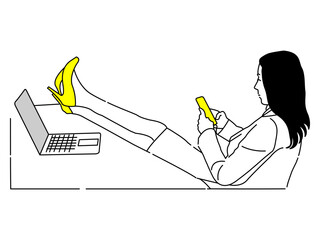 Businesswoman sitting on chair with cross-legged desk using mobile phone.