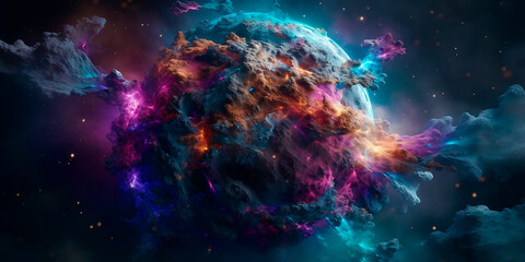 A multicolored asteroid explosion in space.