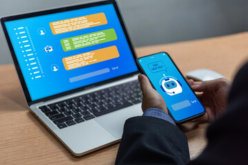 Chatbot conversation Ai Artificial Intelligence technology online customer service. ChatGPT, Digital chatbot, robot application, OpenAI generate. Futuristic technology.Virtual assistant on internet.