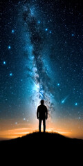 The silhouette of a standing man against the background of the Milky Way and the night sky. pt of the greatness of the cosmos.