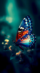 Naklejka na ściany i meble A beautiful butterfly sits on a flower on a summer night. The illustration was created by AI.