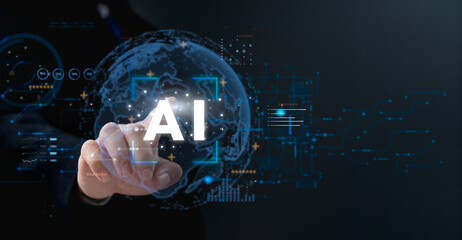 Hand touching global and icon futuristic Artificial intelligence AI ​​virtual world. machine learning and digital big data technology digital marketing, Financial banking network connection