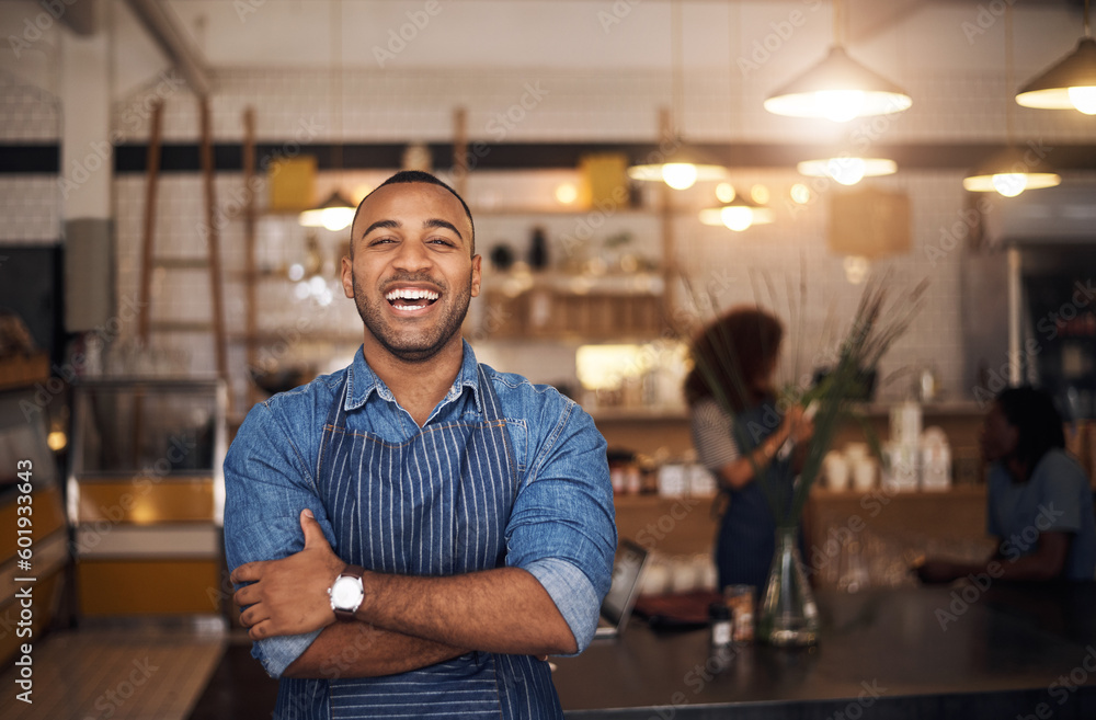 Sticker Coffee shop, waiter and portrait of black man laugh in restaurant for cafe service, working and crossed arms. Small business owner, bistro startup and happy male barista in cafeteria ready to serve