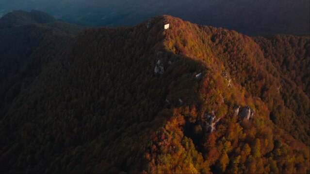 Sunrise vivid colorful aerial of dreamy mountains in the Cilento National Park Italy 4K drone