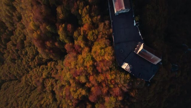 Sunrise vivid colorful aerial of a Sanctuary on the summit of a mountain Italy Sanctuary of Our Lady 'del Monte Sacro'