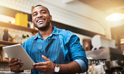 Laugh, tablet and waiter with man in cafe for online, entrepreneurship and startup. Retail,...