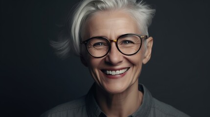 Fototapeta premium Portrait of a beautiful senior woman smiling at the camera on a gray background.Generative Ai