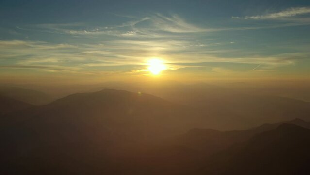 Sunrise vivid colorful aerial of dreamy mountains in the Cilento National Park Italy 4K drone