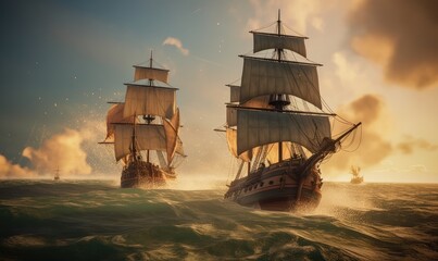 Pirate ships fight in the rough sea Creating using generative AI tools - obrazy, fototapety, plakaty