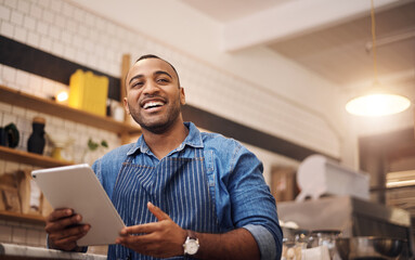 Waiter, tablet and manager with man in cafe for online, entrepreneurship or startup. African,...