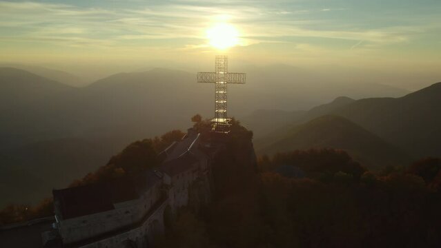 Sunrise vivid colorful aerial of a Sanctuary on the summit of a mountain Italy Sanctuary of Our Lady 'del Monte Sacro'