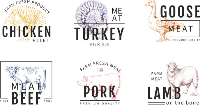 Cow meat logo. Pig animal, farm pork or chicken colorful sketch style, sheep beef or poultry for butchery emblem, cattle label. Logotype and packaging design elements. Vector food signs set