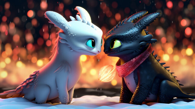 a cute popla with lightfury, deep love, eye contact, How to train your dragon. Generative AI