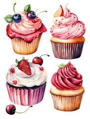 set of 4 of watercolor clip art high detailed cupcakes pink and vanilla, with strawberry and blueberry on white background, generative ai