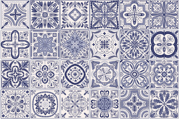 Ceramic tile floor, portugal pattern. Blue geometric flowers and leaves, geometrical elements, spain azulejo mosaic, indigo floral paint ornament. Decor textile. Vector seamless patchwork