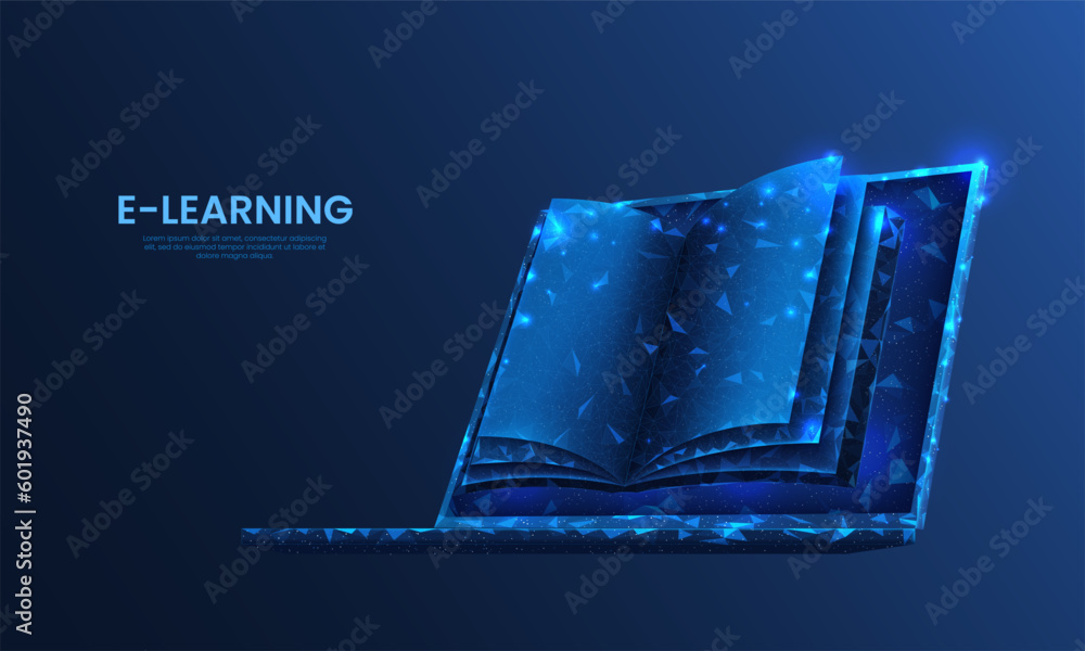 Poster online library. digital book learning technology. polygon laptop. computer for studying. university 