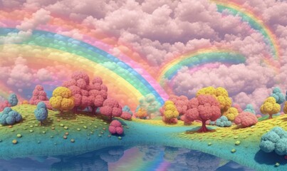 3d animation of rainbow and forest in the clouds Generative AI
