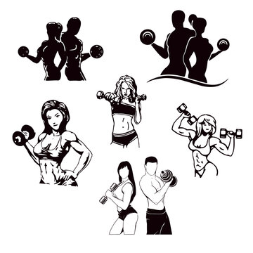 An athletic guy and a girl with strong muscles holding dumbbells in their hands. Logo, emblem for fitness and gym. Vector image of EPS 10 