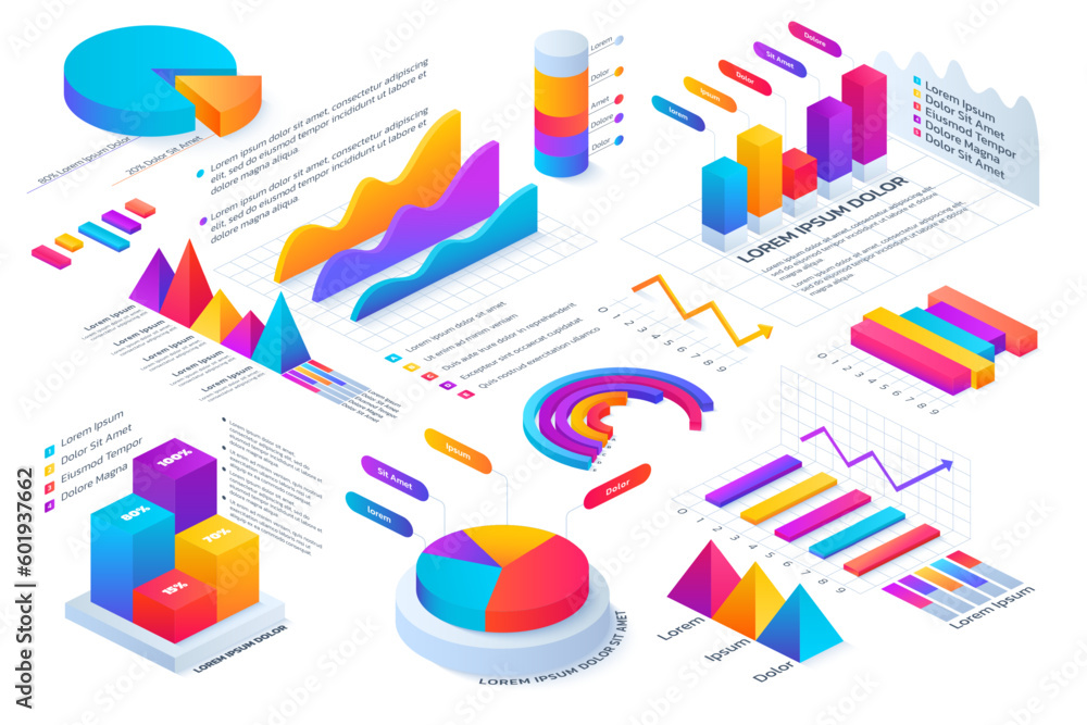 Poster Isometric graph, chart and modern business diagrams. 3d data bar, graphic lines and numbers, design timeline. Finance presentation, visualization elements. Vector background, graphic icons set