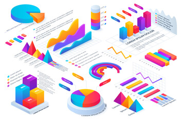 Isometric graph, chart and modern business diagrams. 3d data bar, graphic lines and numbers, design timeline. Finance presentation, visualization elements. Vector background, graphic icons set