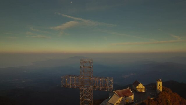 Sunrise vivid colorful aerial of a Sanctuary on the summit of a mountain Italy Sanctuary of Our Lady 'del Monte Sacro'