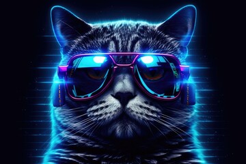 The cat's fur is dark and fluffy, with a shiny sheen. The sunglasses add a pop of color to the otherwise monochromatic image Generative AI