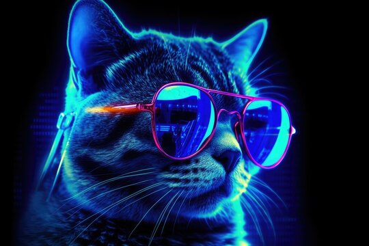 The cat's fur is dark and fluffy, with a shiny sheen. The sunglasses add a pop of color to the otherwise monochromatic image Generative AI