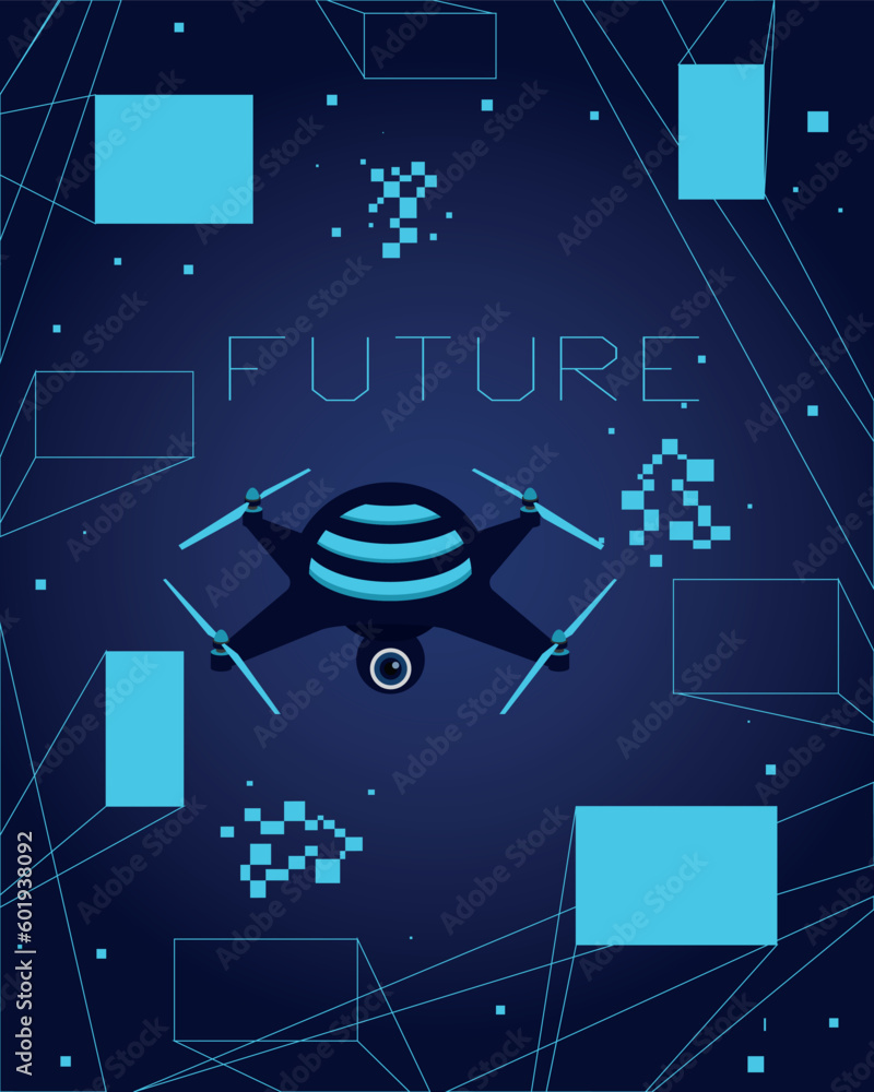 Poster future banner. quadcopter and abstract neon shapes. flying drone. futuristic technologies. outline c