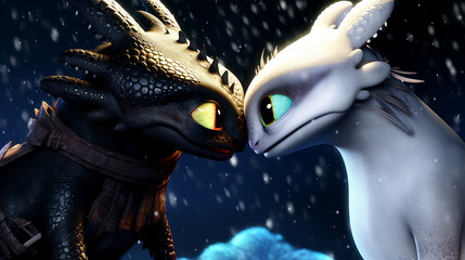 a cute popla with lightfury, deep love, snow, eye contact,  How to train your dragon. Generative AI