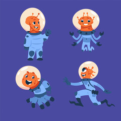 Cartoon alien cosmonauts. Funny ufo crew, Childish stickers, characters for nursery design and prints. Cosmic monsters in spacesuits with helmets. Smiling universe explorers. Vector illustration