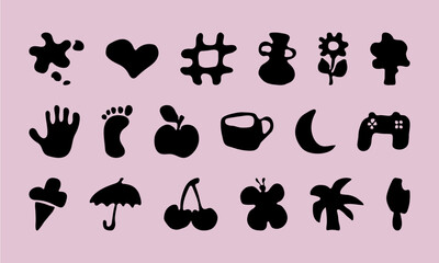 Abstract doodle icons. Black hand drawn shapes. Modern quirky silhouettes. Ink spots. Scribble apple and flower. Arm palm. Cute elements for posters. Vector illustration symbols set