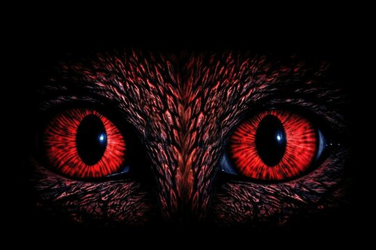 A close-up of an owl's face with glowing red eyes lit by an invisible source. His eyes are wide open, staring straight ahead, and his face is expressionless Generative AI