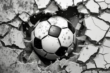 A soccer ball breaking through a barrier, representing the power of sport to knock down obstacles. Generative AI