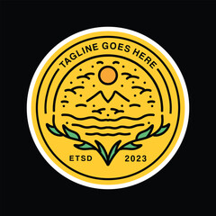 Monoline Mountain Vintage Logo Vector Graphic Design illustration Circle Badge Emblem Symbol and Icon
