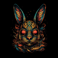 Image of cyberpunk rabbit mask with colorful patterns on black background. Wildlife Animals. Illustration. Generative AI.