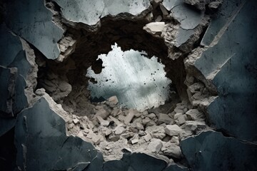 A large, jagged hole in a concrete wall, with chunks of concrete missing and exposed rebar. The edges of the hole are rough and uneven, with some parts of the wall still intact Generative AI - obrazy, fototapety, plakaty