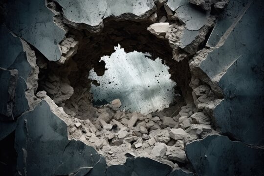 A large, jagged hole in a concrete wall, with chunks of concrete missing and exposed rebar. The edges of the hole are rough and uneven, with some parts of the wall still intact Generative AI