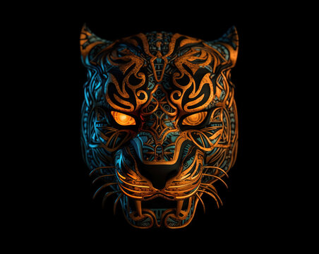 Image of cyberpunk tiger mask with colorful patterns on black background. Wildlife Animals. Illustration. Generative AI.