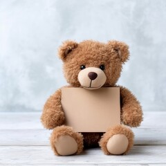 A brown teddy bear sitting on a wooden table holding a blank card in its paws. The bear has a cute expression and is wearing a bow tie.