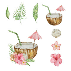 Watercolor tropical illustration with bright tropical leaves and flowers © SvetaArt