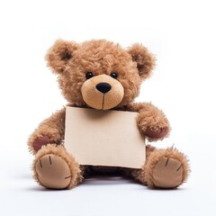 A brown teddy bear holding a blank paper in its paws. The teddy bear has a cute expression and is sitting on a white background.