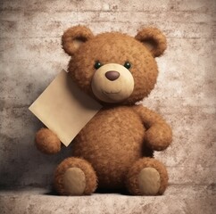 A teddy bear sitting on a wooden surface with a blank paper in its paws. The bear has a sad expression and is looking down at the paper. 